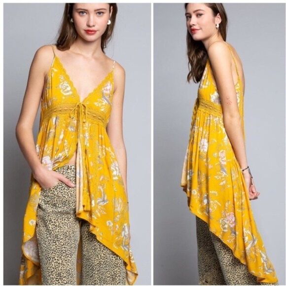 yellow high low Floral Tunic with Spaghetti Straps - Picture 3 of 9
